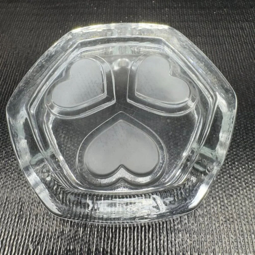 Vintage Scandinavian Clear Glass Dish Bowl Ashtray With Frosted Satin Hearts VTG